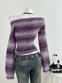Elamini 女款黑色秋冬獨特不對稱肩拼接拼色條紋亮片針織毛衣，收腰喇叭袖，1件裝 - 紫色 - 查看 2