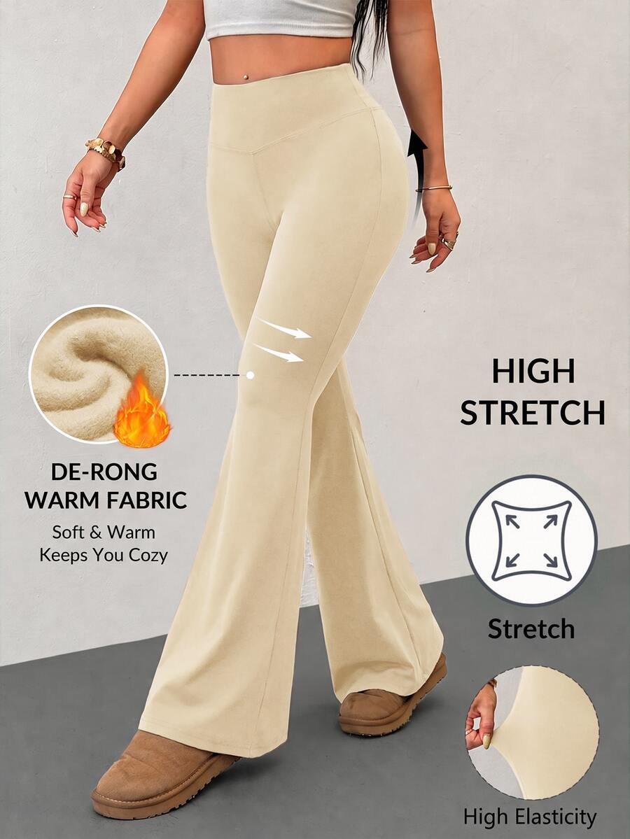 SHEIN PETITE Women's Solid Color High Waist Casual Versatile Daily Flare Pants - Apricot - View 1