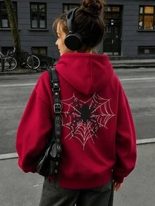 SHEIN Wine Red Spider Girls' Hooded Zip Jacket For Autumn And Winter - Mixed Street Style, Sweatshirt Style, Long Sleeve, Fleece Material, Autumn Apparel, - Red - View 3