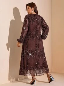SHEIN LUNE Plus Size Women Solid Color Sequin V-Neck Lantern Sleeve Elegant Dress - Brown - View 2