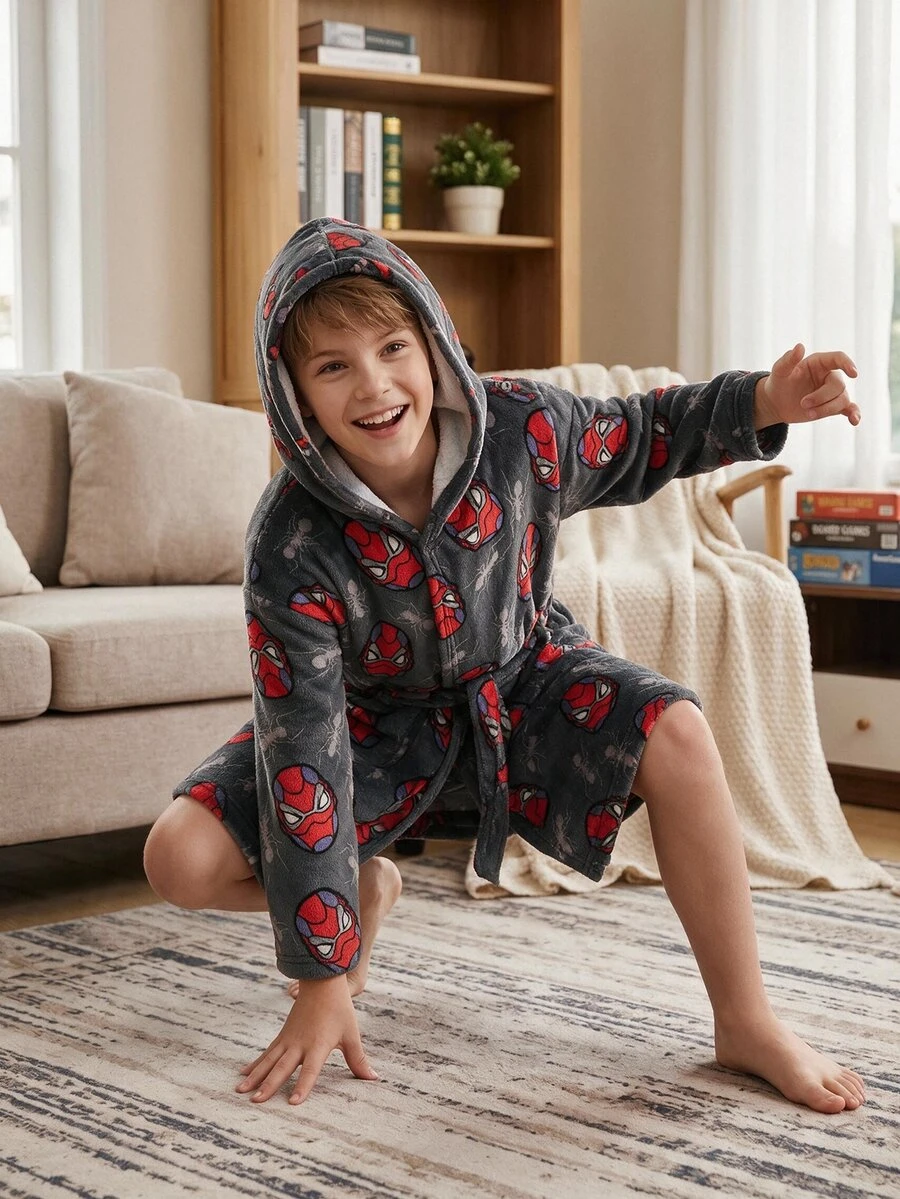 Tween Boy Cartoon Pattern Kids Long Sleeve Hooded Loungewear Robe Autumn Winter - Multicolor - View 1