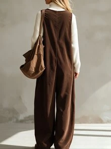 SHEIN Maillard Style V-Neck Corduroy Overall Jumpsuit For Women, Front Button Closure, Large Pockets, Loose Wide Leg, Sleeveless Long Pants - Brown - View 2