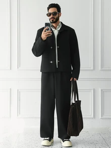 HUEFORM Men's Wool Blend Classic Versatile Large Pocket Lapel Airplane Button Decor Comfortable Mature Casual Jacket 2 Pieces Set - Black - View 1