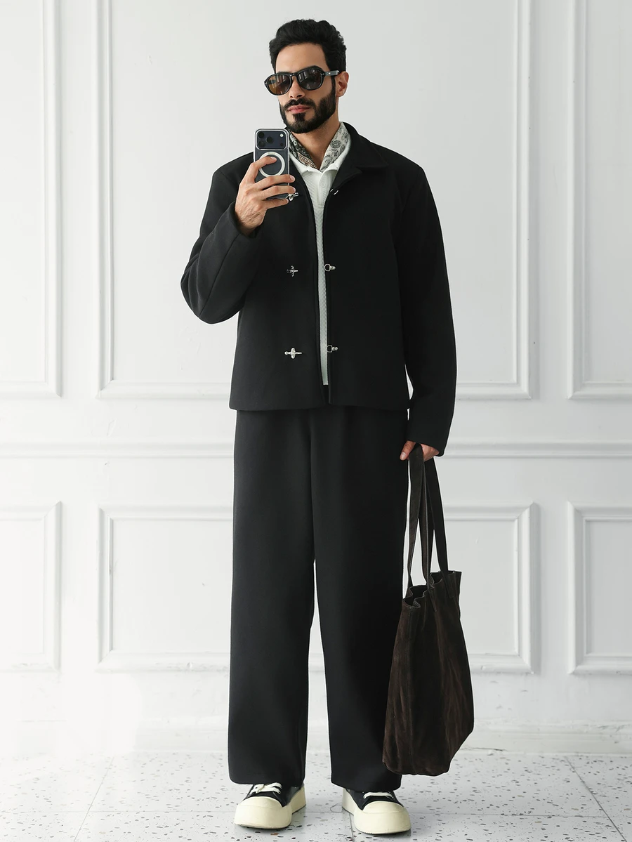 HUEFORM Men's Wool Blend Classic Versatile Large Pocket Lapel Airplane Button Decor Comfortable Mature Casual Jacket 2 Pieces Set - Black - View 1