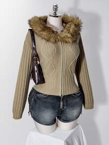 SHEIN ICON Women's Plus Size Zipper Faux Fur Hooded Knit Sweater - Khaki - View 6