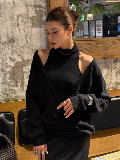 DAZY Women's 2 Pieces Sweater Set, Black High Neck Cold Shoulder Asymmetric Criss-Cross Wrap Faux Two Pieces Design, Loose Casual Commute Party Knitwear, Autumn/Winter