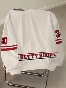 Betty Boop x SHEIN Plus Size Women's Crew Neck Letter & Cartoon Print Long Sleeve Sweatshirt - White - View 2