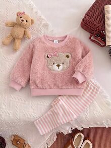 SHEIN Bộ áo nỉ họa tiết hoạt hình xù xì dễ thương & quần dài cạp chun cho bé gái, mùa thu/đông - Màu Khaki - Xem 1