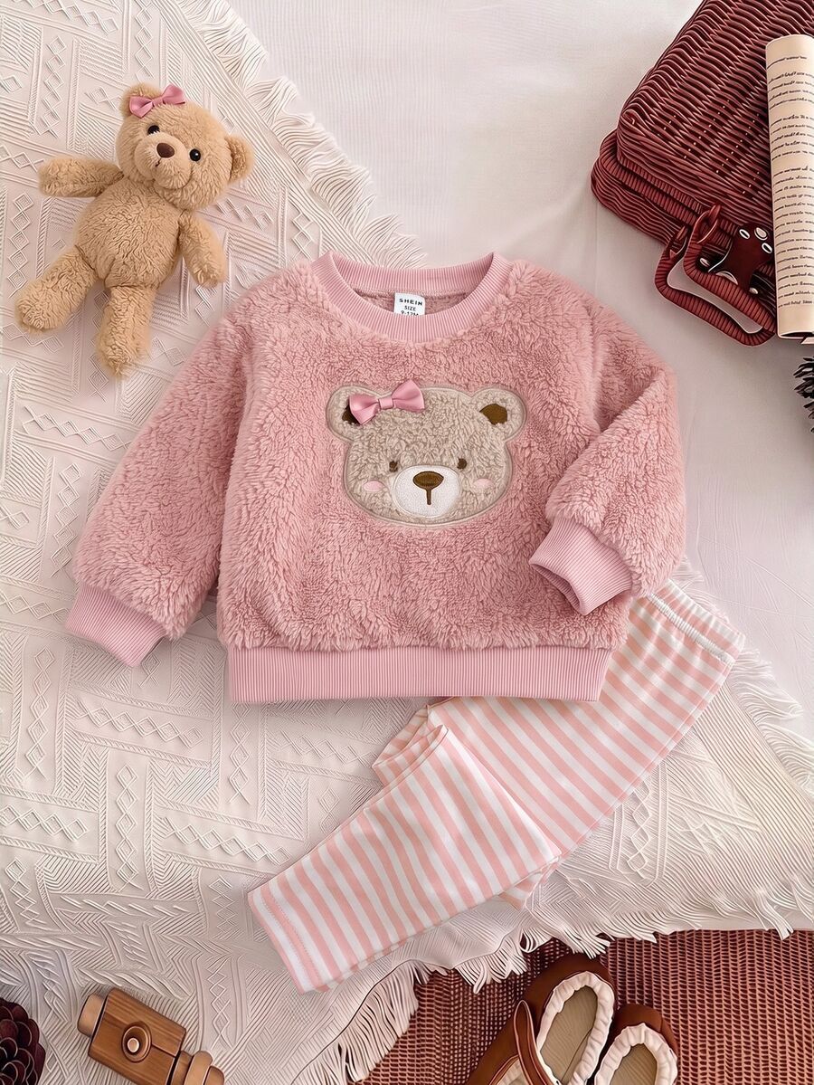 SHEIN Bộ áo nỉ họa tiết hoạt hình xù xì dễ thương & quần dài cạp chun cho bé gái, mùa thu/đông - Màu Khaki - Xem 1