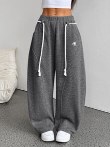 SHEIN PETITE 女款淺灰色冬季運動休閒健身運動褲，秋季街頭風返校學院風休閒彈性腰帶弧形下擺寬腿長褲 - 深灰色 - 查看 9
