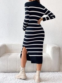 SHEIN Maternity Striped Print Casual Long Sleeve Sweater Dress, For Winter - Royal Blue - View 2