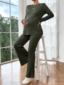SHEIN 2件組孕婦純色圓領長袖開衩休閒套裝 秋季 - 軍綠色 - 查看 5