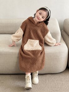 SHEIN 女童雙色口袋落肩泰迪毛絨衛衣洋裝，秋冬款 - 棕色 - 查看 4