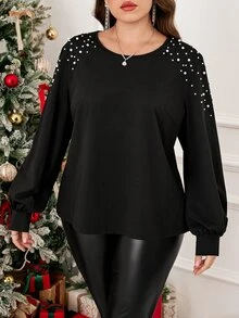SHEIN LUNE Plus Size Women's Faux Pearl Decorated Round Neck Long Sleeve Elegant Blouse Fall - Black - View 3