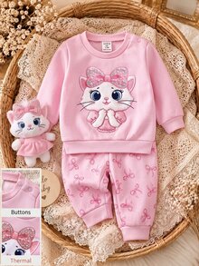 SHEIN 2pcs Newborn Girl Cute Pink Knitted Cartoon Pattern Sweatshirt And Elastic Waist Long Pants Set - Pink - View 8