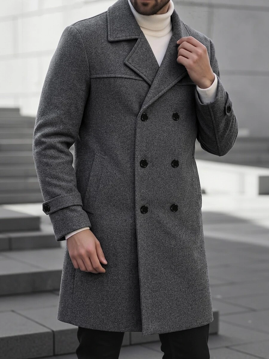 Manfinity Mode Men's Grey Autumn/Winter Versatile Atmosphere Mature Business Casual Double-Breasted Wool Blend Coat For Home, Commute And Outdoor - Grey - View 1