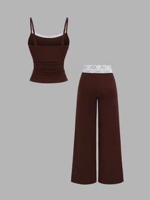 Elamini Spring/Autumn New 2 Pieces Set, Contrast Lace, Design-Driven Outfit, Slimming Fit, Suitable For Daily Wear And Street Style - Brown - View 2