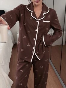 SHEIN 女款新款休閒可愛蕾絲飾邊長袖上衣與長褲睡衣套裝，秋冬服飾 - 咖啡棕 - 查看 5