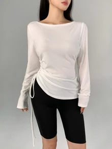 DAZY Women's Solid Color Pleated Casual Daily Travel Sports T-Shirt - White - View 4