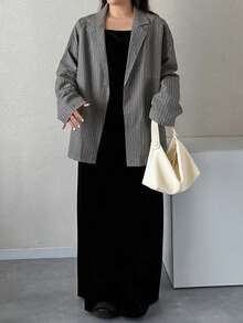 Dazy Plus Korean Style Striped Loose Office Wear Spring/Autumn New Blazer Jacket - Dark Grey - View 3