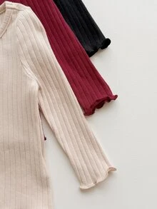 SHEIN 女嬰針織素色圓領休閒T恤上衣3件組，隨機3件，僅含上衣 - 酒紅色 - 查看 4