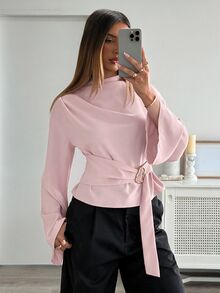 Aloruh 女款純色金屬裝飾休閒日常穿著襯衫 - 粉色 - 查看 3