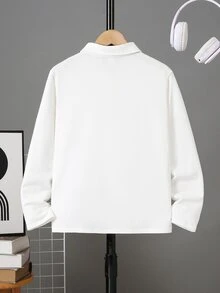 SHEIN 兒童青少年男孩牛仔效果印花長袖 Polo 衫，適合通勤、上學、日常休閒、校園、旅行、運動，秋冬款 - 黑色 - 查看 5