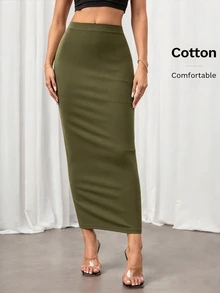 SHEIN Tall 純色鉛筆裙黑色緊身裙，適合高個女性 - 軍綠色 - 查看 8