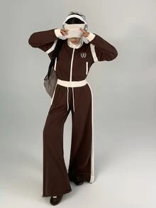 DAZY Women's Colorblock Long Sleeve Top And Pants Casual Daily Sports Set - Brown - View 5