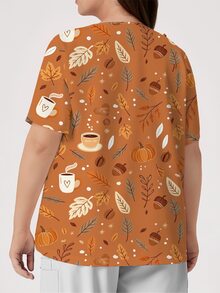 PopScrub Pumpkin Leaf Coffee Print Khaki Plus Size Nurse Uniform, V-Neck Short Sleeve Pocket Split Workwear Top, All Seasons Inner & Outerwear, Autumn Vibe - Multicolor - View 2