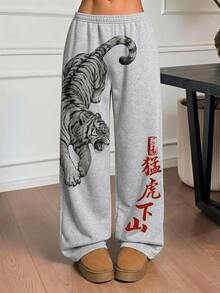 SHEIN 青少年女孩休閒街頭時尚虎頭圖案印花側口袋鬆緊腰寬鬆寬腿運動長褲，四季可穿 - 灰色 - 查看 1