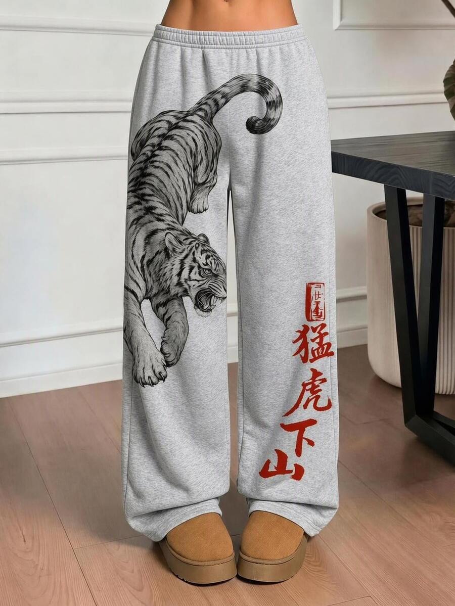 SHEIN 青少年女孩休閒街頭時尚虎頭圖案印花側口袋鬆緊腰寬鬆寬腿運動長褲，四季可穿 - 灰色 - 查看 1