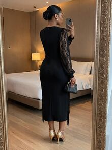 SHEIN Lady Plus Size Women's V-Neck Lace Patchwork Tassel Design Casual Party Dress - Black - View 2