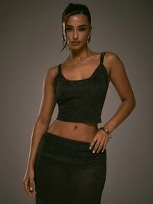 MUSERA Áo cami dệt kim xuyên thấu màu đen gợi cảm cho mùa thu đông, đi chơi buổi tối - màu đen - Xem 1