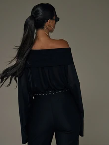 MUSERA Black Mesh Foldover Elasticated Crop Top Fall Autumn Winter Sexy Halloween Going Out Instinct - Black - View 4