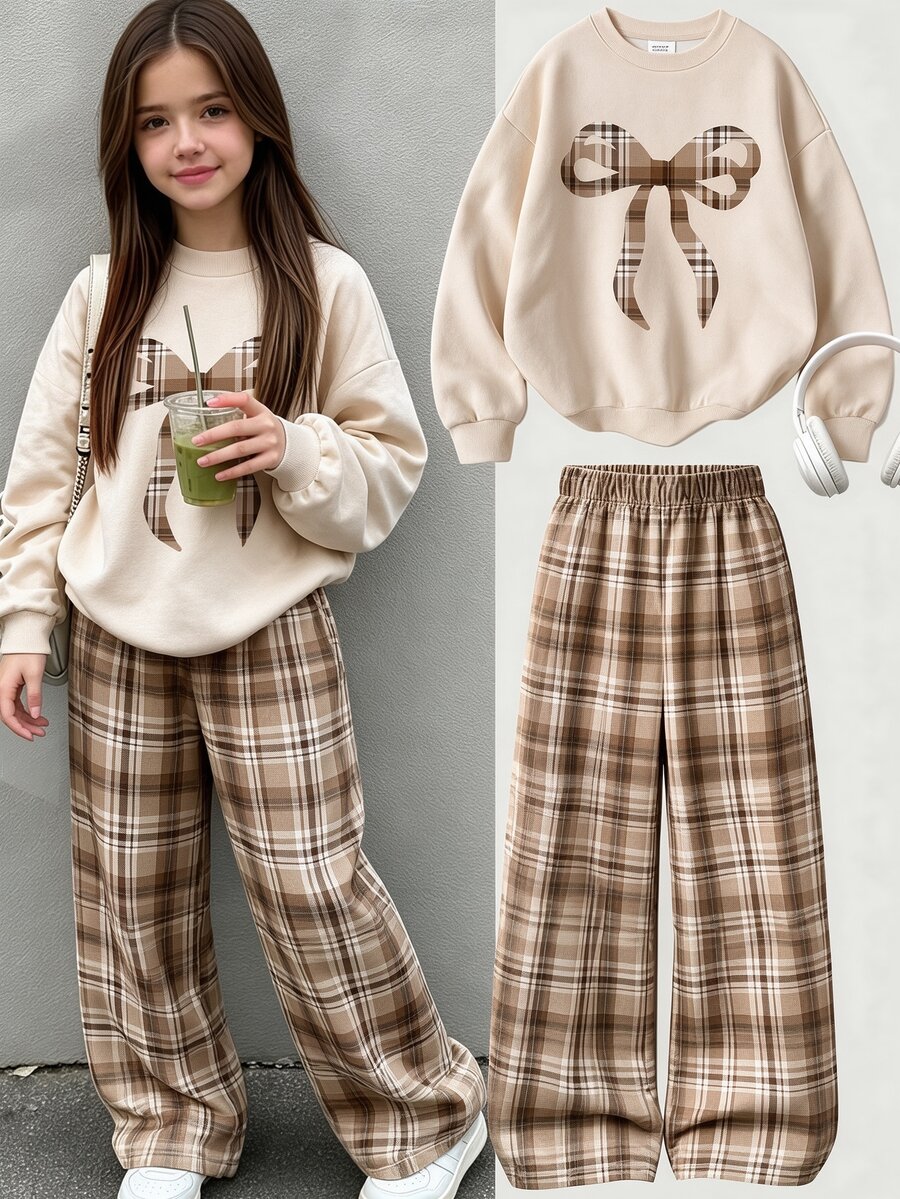 Set Sweatshirt Motif Kotak-kotak dengan Pita, Cocok untuk Dipakai di Musim Gugur/Musim Dingin, Gaya Kasual Minimalis yang Nyaman untuk Sehari-hari - MultiWarna - View 1