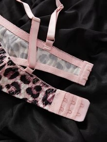 SHEIN Pink Underwire Pink Leopard Print Lace Trim Women's Lace Patchwork Lingerie Set 2pcs - Multicolor - View 5