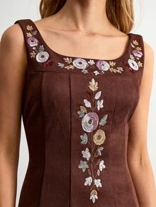 Willow Rêve 女款棕色麂皮刺繡領無袖洋裝 - 棕色 - 查看 5