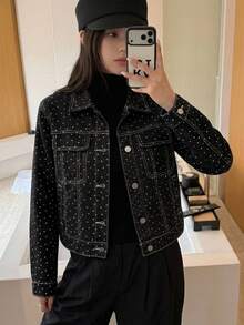 Livesso Women's Polka Dot Single-Breasted Casual Daily Denim Jacket - Black - View 4