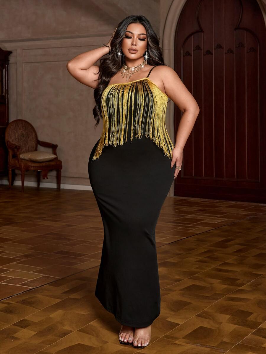 NU&NOW Plus Size Elegant Glamorous Gold Tassel Patchwork Spaghetti Strap Maxi Evening Gown - Black - View 1