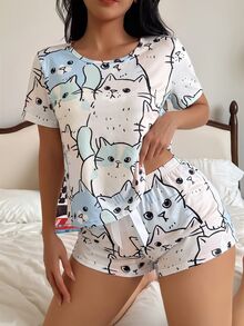 SweetSlumber Ins風甜美貓咪印花家庭情侶女款睡衣套裝 - 彩色 - 查看 4