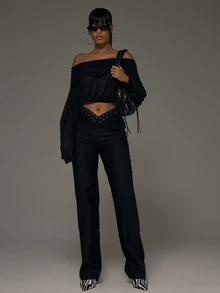 MUSERA Black Mesh Foldover Elasticated Crop Top Fall Autumn Winter Sexy Halloween Going Out Instinct - Black - View 2