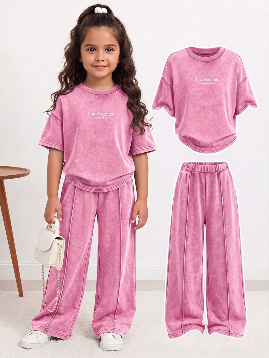 SHEIN 女童字母印花圓領短袖T恤與長褲休閒日常套裝 - 粉色 - 查看 1