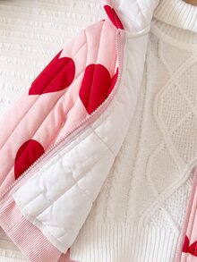 SHEIN 女嬰休閒純色可愛愛心圖案毛茸茸連帽冬季外套 - 粉色 - 查看 3