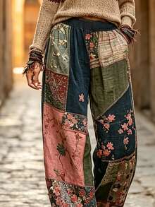 Linhara CURVE Plus Size Women's Middle-Aged Floral Print Casual Boho Bohemian 1960s Versatile Daily Travel Long Pants Autumn Vacation Blue Fall - Multicolor - View 3