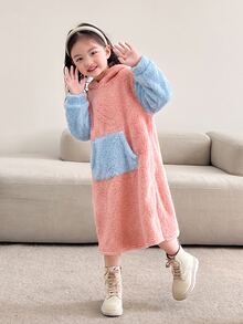 SHEIN 女童雙色口袋落肩泰迪毛絨運動衫洋裝，秋冬款 - 粉色 - 查看 3