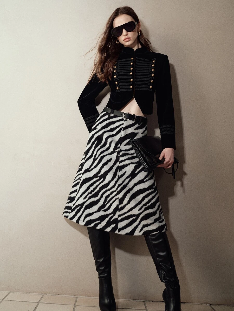 MOTF PREMIUM ZEBRA PRINT PATCHWORK PU MID-LENGTH A-LINE WOMEN'S SKIRT - Black and White - View 1