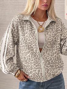 SHEIN EZwear 女款休閒豹紋條紋側拉鍊輕量夾克 - 彩色 - 查看 1