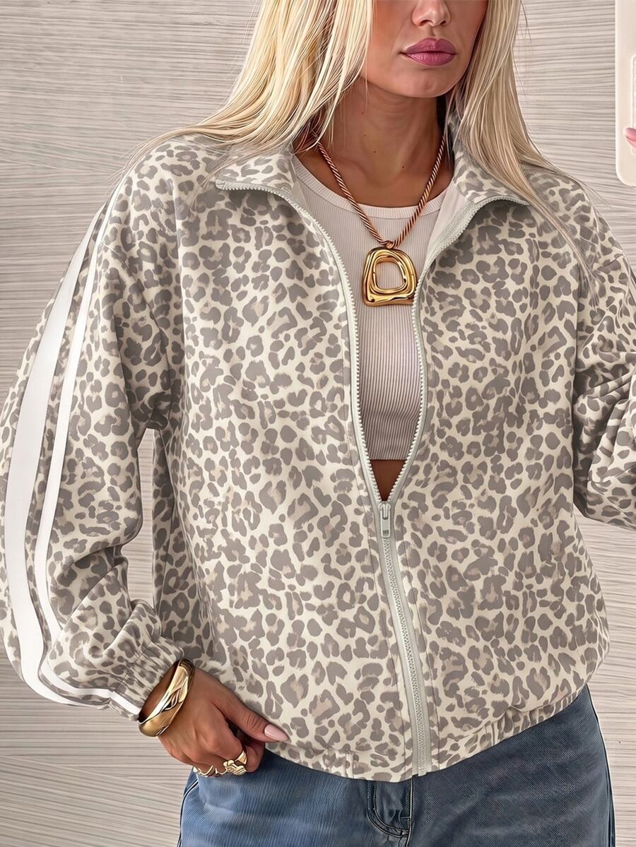 SHEIN EZwear 女款休閒豹紋條紋側拉鍊輕量夾克 - 彩色 - 查看 1
