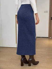 Easowa 秋季女裝 秋冬質感卡其色優雅棕色長裙 針織中長裙 沙烏地國慶日聖誕女裝 - 藏蓝色 - 查看 4